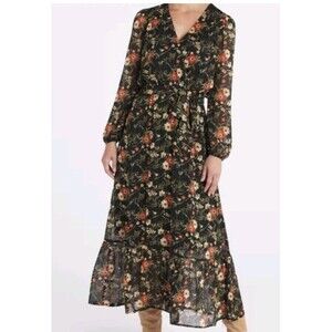 Nine Britton Stitch Fix Maxi Dress Size XXL Black Floral Print Belted Chiffon
